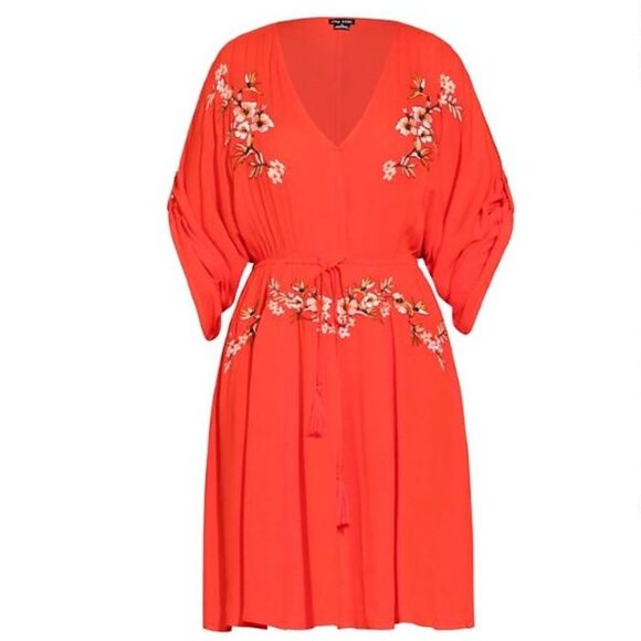 City Chic Seville Tunic Dress Size 18 Embroidered Bright Orange Red Tigerlilly - Picture 6 of 12